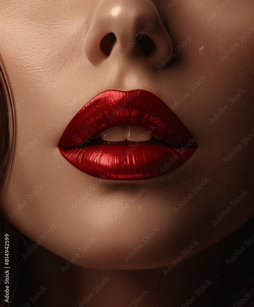 Obraz premium Portrait promotion, lipstick lipstick promotion cosmetic brand, lip gloss mockup with text space, red lipstick brand luxury brand,Vibrant Red Lipstick: Luxurious Beauty with Captivating Lip Color in 