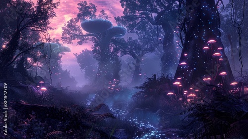 Alien jungle with towering trees and exotic flora backdrop