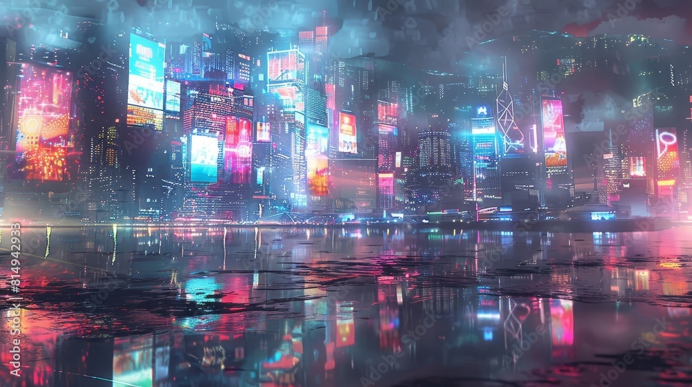 Obraz premium Futuristic cityscape with holographic displays backdrop