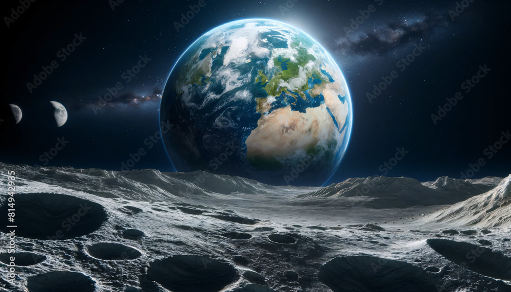 A dramatic space scene depicting Earth viewed from the moon's surface. The Earth appear prominently in the sky A dramatic space scene depicting Earth viewed from the moon's surface. The Earth appear prominently in the sky