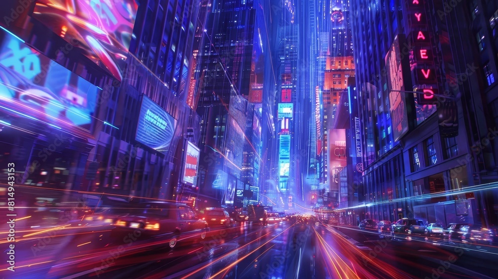 Neon-lit cityscape with towering skyscrapers and luminescent traffic backdrop Neon-lit cityscape with towering skyscrapers and luminescent traffic backdrop