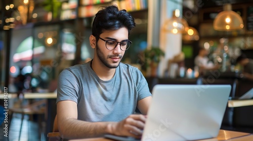 Young student wearing eyeglasses holding laptop at cafe : Generative AI photo