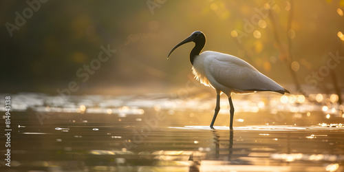 Single Black-headed ibis(Threskiornis melanocephalus) finding food in lake water blurred background