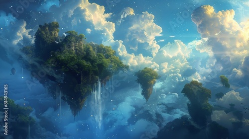 Surreal dreamscape of floating islands with lush forests and waterfalls backdrop