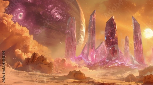 Alien oasis amidst swirling sands with crystalline structures backdrop