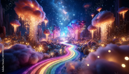 A magical and fantastical landscape with a glowing rainbow path winding through a surreal, dreamlike environment © Tanicsean