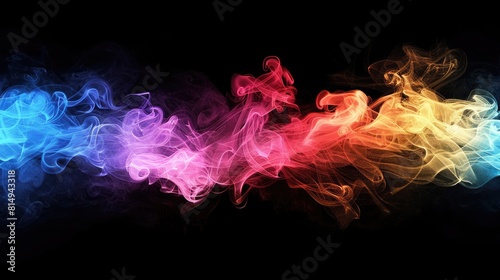 Frozen abstract movement of explosion smoke multiple pink and blue colors on black background. Background from the smoke of vape, colorful smoke on black background