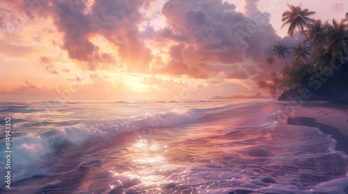 Celestial shoreline at dawn with pastel-colored waves and palm trees backdrop