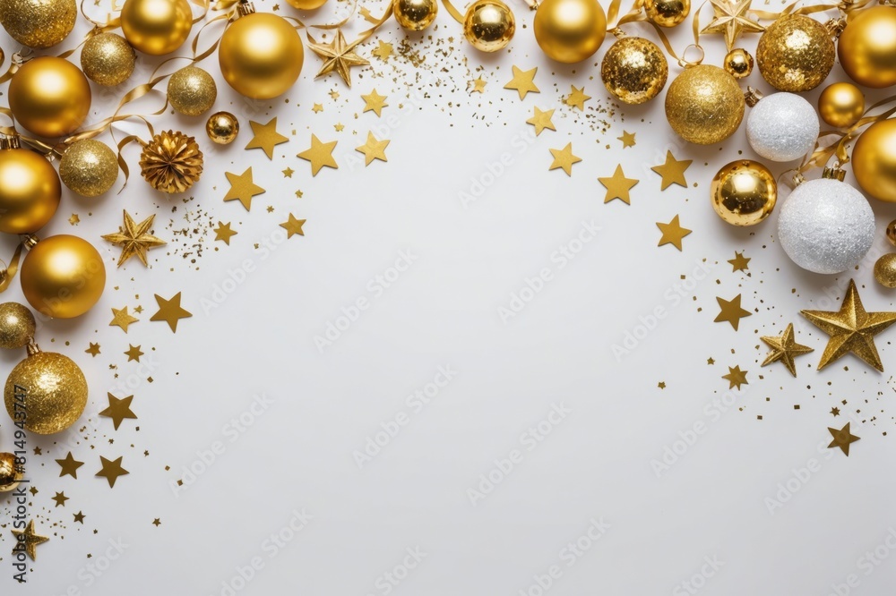 Christmas modern composition. Golden decorations, confetti, streamers, stars on white background. Christmas, New Year, winter concept. Flat lay, top view, copy space Christmas modern composition. Golden decorations, confetti, streamers, stars on white background. Christmas, New Year, winter concept. Flat lay, top view, copy space