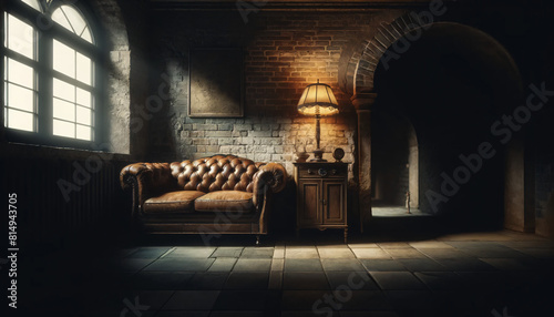 A moody and atmospheric of an old  dimly lit room with brick walls. The room is contain a vintage leather sofa