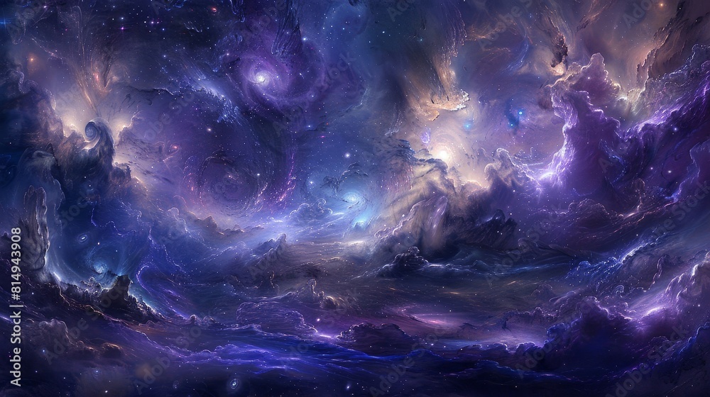 Panorama of swirling galaxies and stardust in ethereal hues backdrop Panorama of swirling galaxies and stardust in ethereal hues backdrop