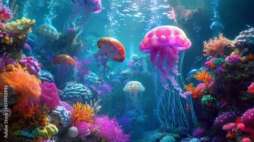 Surreal underwater scene with exotic marine life backdrop