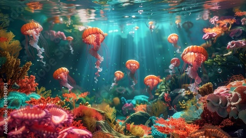 Surreal underwater scene with iridescent jellyfish and coral reefs backdrop