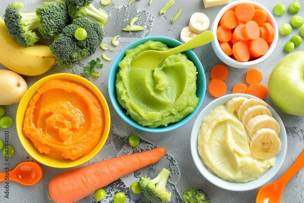 Infant food consisting of bowls filled with pureed