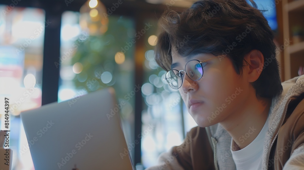 Young student wearing eyeglasses holding laptop at cafe : Generative AI Young student wearing eyeglasses holding laptop at cafe : Generative AI