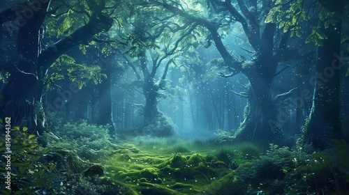 Misty forest glade illuminated by moonlight backdrop