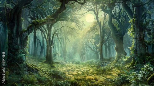 Tranquil forest glade bathed in moonlight backdrop