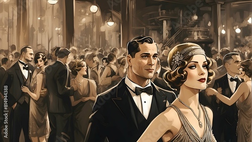 A couple stands out in a crowded, opulent 1920s party, capturing historical luxury and romance