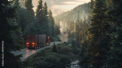 A formidable freight transporter truck navigating through a dense forest, its cargo trailer transporting goods to meet the needs of markets far and wide photo