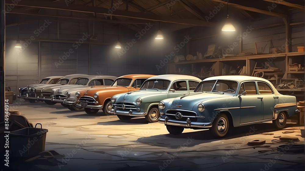 An array of classic cars neatly parked in a garage with a vintage vibe