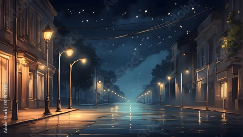 Evocative artwork of a lamplit street at night reflecting the rain-soaked surface photo