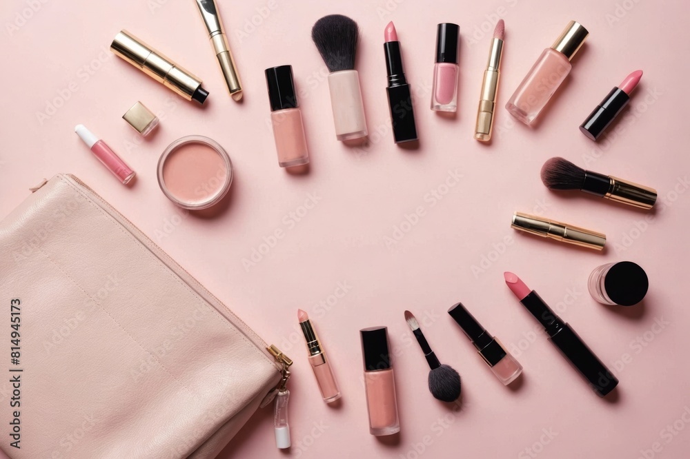 Cosmetic products flowing from Makeup bag on pastel pink background. Flat lay, top view. Fashion concept Cosmetic products flowing from Makeup bag on pastel pink background. Flat lay, top view. Fashion concept