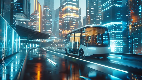 A futuristic self-driving van navigating through a vibrant city environment with glass skyscrapers, while a beautiful female and a senior man engage in conversation inside the driverless autonomous ve