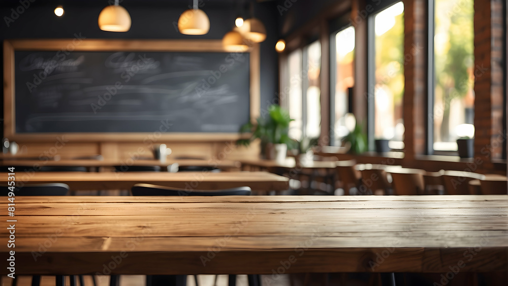 A clear, close-up image of an empty wooden table with blurred cafe interior background, showcasing atmospheric lighting and modern decor A clear, close-up image of an empty wooden table with blurred cafe interior background, showcasing atmospheric lighting and modern decor