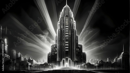 Art Deco skyscraper surrounded by rays of light in a stylized monochrome cityscape illustration