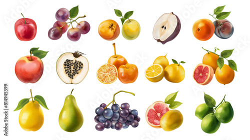 Various summer citrus exotic sweet organic fresh healthy fruits including apple, orange, strawberry, grapes, pomegranate, mango, pear and lemon isolated on transparent. Set, collection, group assorted