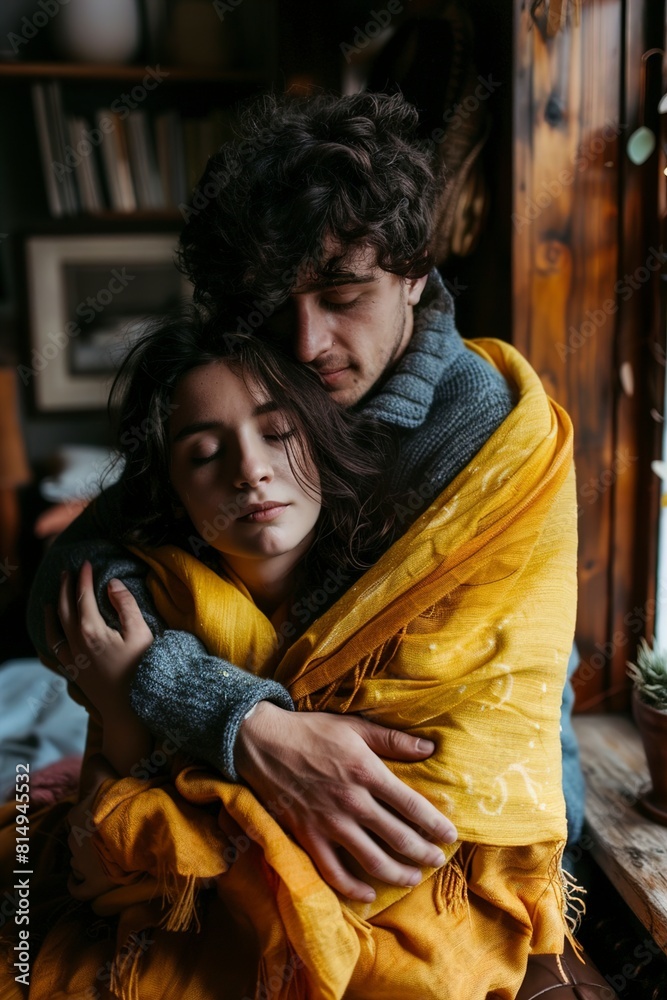 Man embracing woman covered with yellow shawl at home