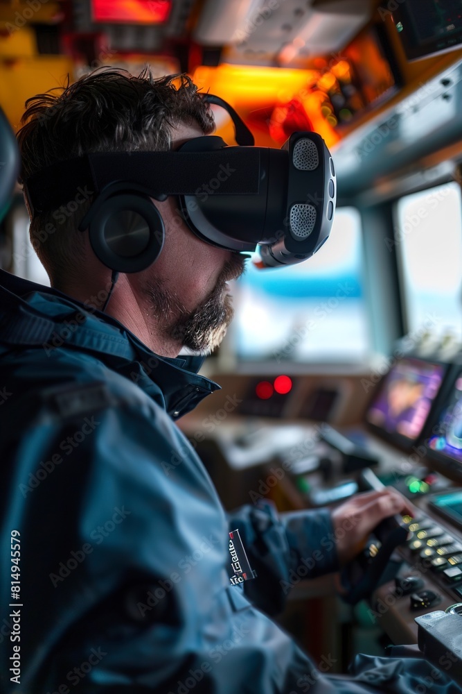 Man Using Virtual Reality Headset in Ships Cockpit Man Using Virtual Reality Headset in Ships Cockpit