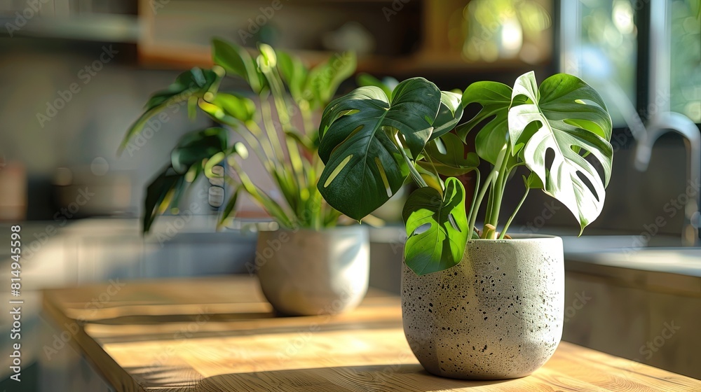 Monstera deliciosa houseplant in a pot under the sunlight. Cozy domestic photo. Interior Design photography with copy space Monstera deliciosa houseplant in a pot under the sunlight. Cozy domestic photo. Interior Design photography with copy space
