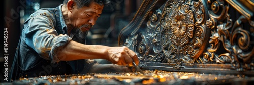 male Chinese blacksmith creating ornate wrought iron gates for a mansion photo