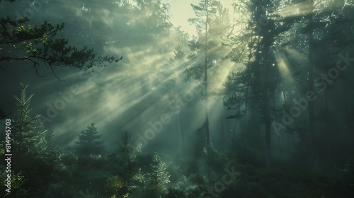 Sunlight pierces the mist in a lush forest  creating dramatic beams of light across the serene  green woodland.
