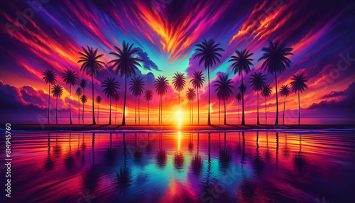 A tropical beach, feature a row of tall palm trees silhouetted against a vivid sky painted © Tanicsean