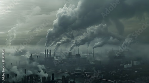 Gloomy cityscape shrouded in pollution from multiple smokestacks emitting dense smoke under a cloudy sky.