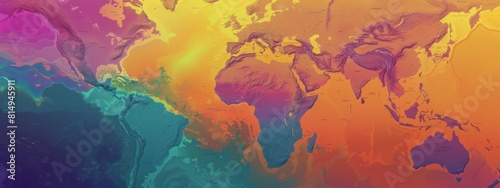 A colorful world map with the continents of Africa, Asia, and South America