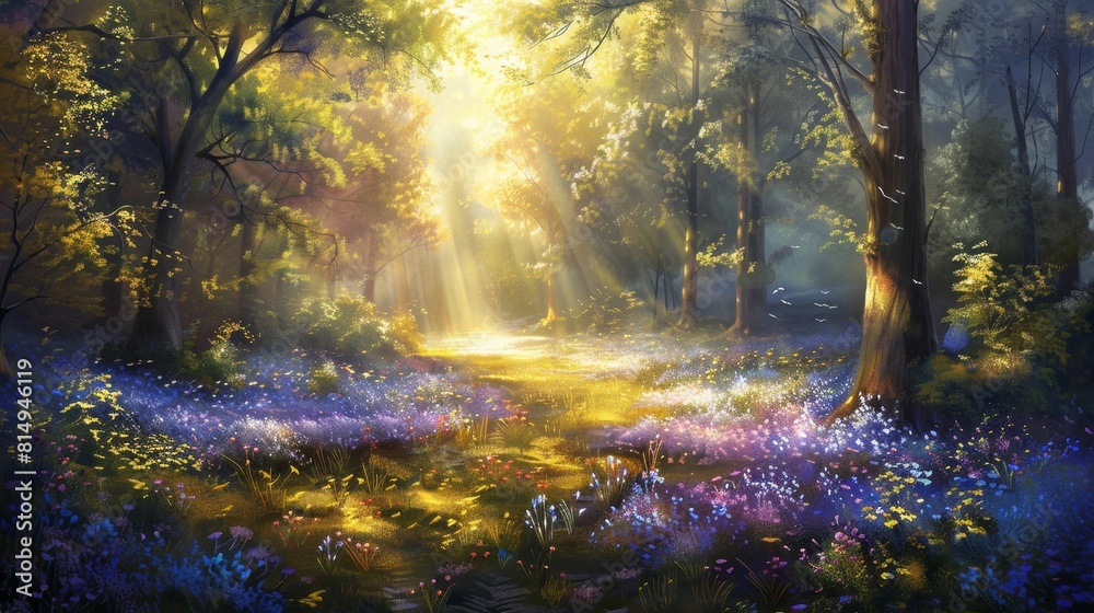 Forest glade sunlight on wildflowers backdrop