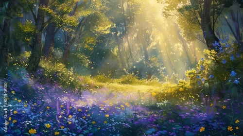 Sunlight filtering through a forest glade backdrop