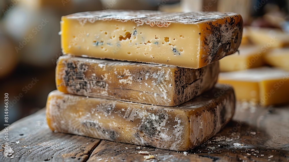 A moldy cheese with a rough texture and varied colors on a rustic wooden board. Artisanal cheese with mold in a fascinating visual composition. A moldy cheese with a rough texture and varied colors on a rustic wooden board. Artisanal cheese with mold in a fascinating visual composition.