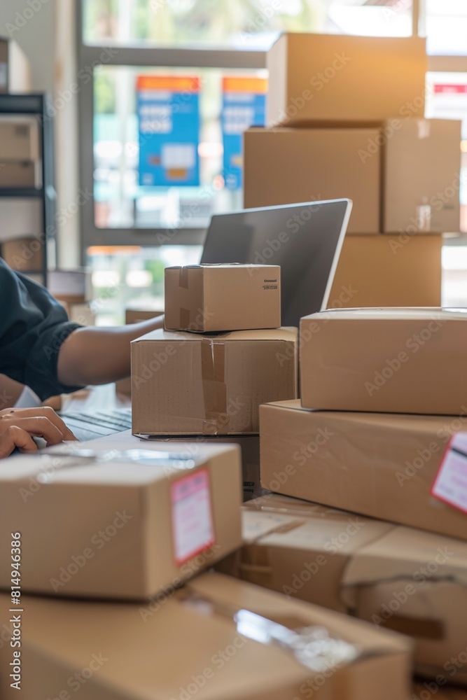 Owners man entrepreneurs working box and check online Owners man entrepreneurs working box and check online