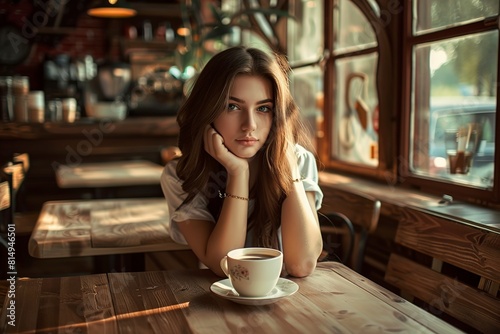 An Adorable Brunette Girl Sitting at the Table Drinking Coffee