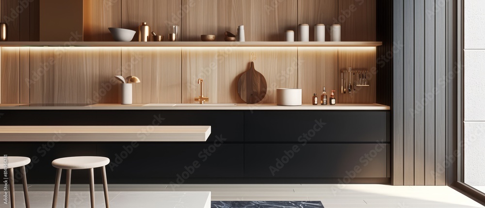 Modern minimalist kitchen with open shelving, clean lines, and a monochromatic color scheme,