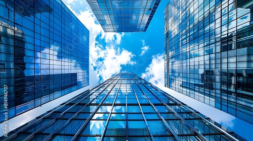 Low angle view of a contemporary glass skyscraper reflecting the blue sky 