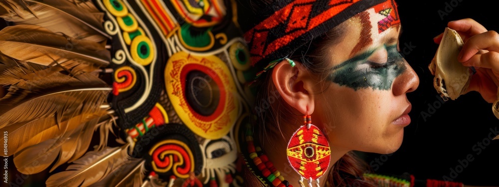 Fototapeta premium A woman wearing a headdress with feathers and a colorful background