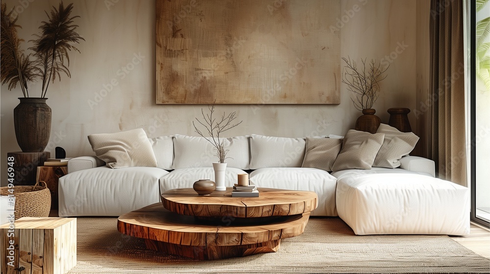 Fototapeta premium A simple but elegant living room with a large wooden coffee table and a white sofa in front. empty picture frame,Generative AI illustration.