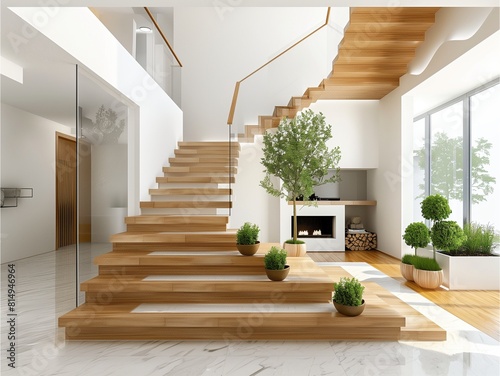 A modern home interior with an elegant staircase, white walls and wood flooring. The scene includes plants in wooden pots on the side of each step,Generative AI illustration. © naphat