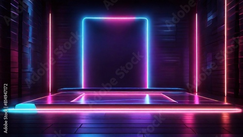Neon light background space scene spotlight night background street floor studio colorful geometric stage for mock up 