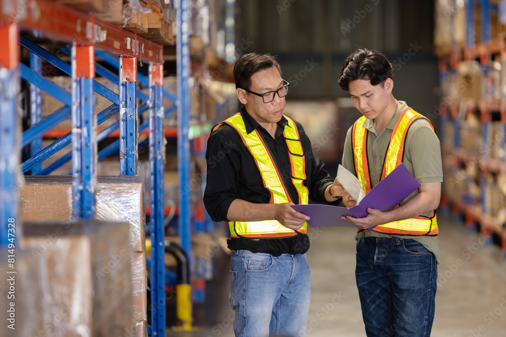 Asian warehouse workers inspect box of products on the shelves Asian warehouse workers inspect box of products on the shelves